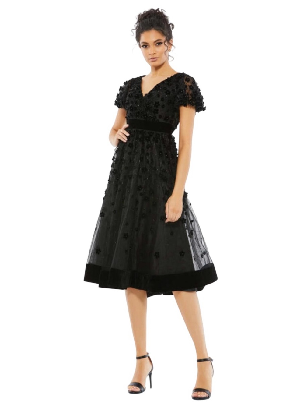 NWT: Mac Duggal Flare Sleeve Floral Appliqués Midi Dress 67854-Black, Size 10 - Picture 4 of 15